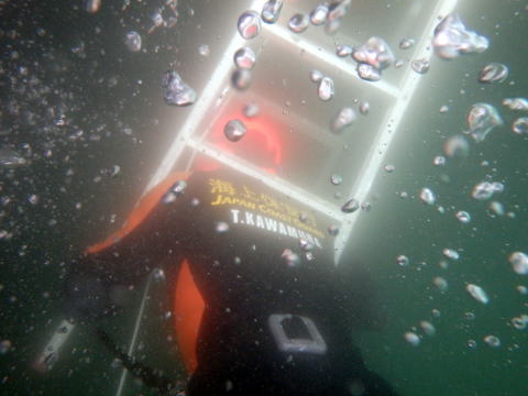 潜水訓練中はしごをくぐる潜水士